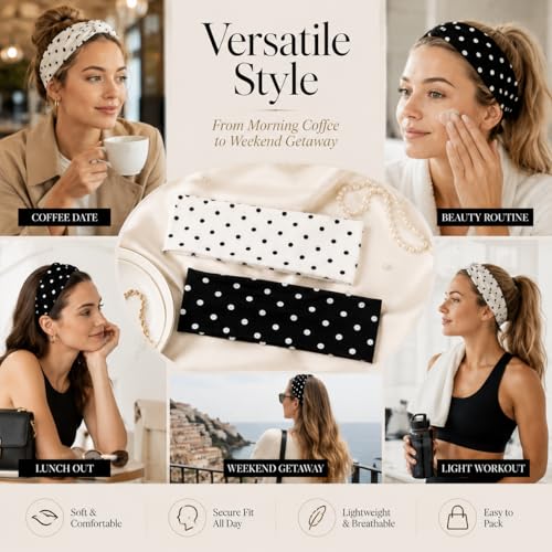 2 Pack Wide Black White Polka Dot Headband for Women