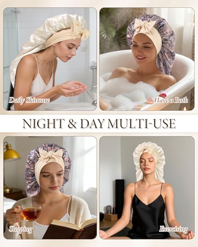 AWAYTR Long Satin Bonnet for Sleeping - Cashew Flower Reversible Sleep Cap