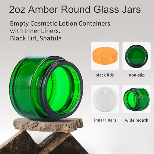 OverNews 4PCS Green Travel Size Glass Cosmetic Jars with Black Lids & Spatulas
