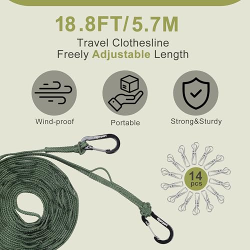 Portable Travel Clothesline - Windproof Laundry Line with 14 Clothespins (18.8ft)