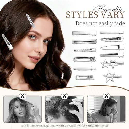 24PCS Silver Hair Clips Set - Y2K Metal Barrettes for Women