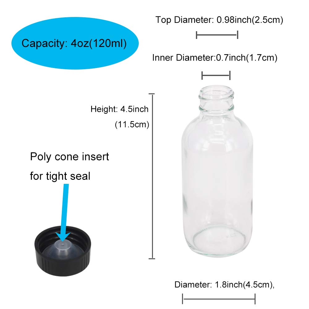 BPFY 12 Pack Clear 4 oz Glass Bottle with Caps, Funnel, Chalk Labels, Pen, Vanilla Extract Bottle, Boston Bottles for Potion, Juice, Ginger Shots, Turmeric Shot, Whiskey, Herbal Medicine, Maple Syrup
