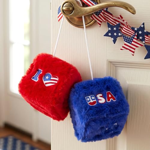 4th of July Fuzzy Dice for Car Mirror - Patriotic Plush Decor