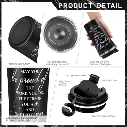 Thank You Gift Set for Men 17 oz Tumbler with Lid + Leather Toiletry Bag, Obsidian Style + Inspirational Keychain (Roshtia)