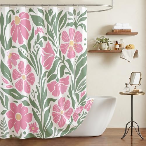 Mocsicka Boho Floral Shower Curtain - Pink 71x71 Inch, Waterproof