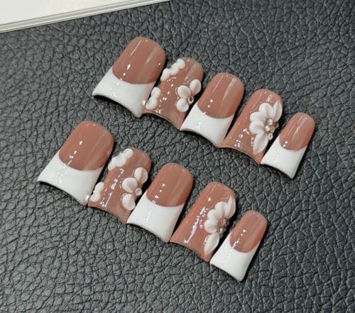 Large Handmade Press-On Nails Set with 3D Flower French Tip - Nude Pink
