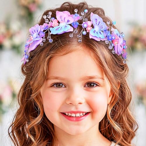 Urieo Girl Flower Headband with Butterfly and Crystal Beads Wedding Hair Accessory