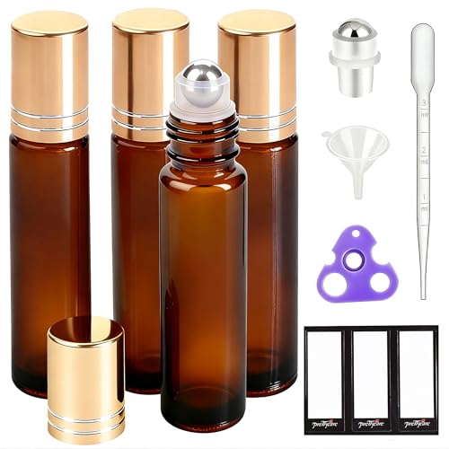 PrettyCare 4 Pack Amber Glass Oil Roller Bottles - 10ml Leak-Proof