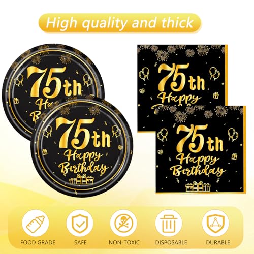 75th Birthday Decorations Kit - Black & Gold Party Supplies (41 Pcs)