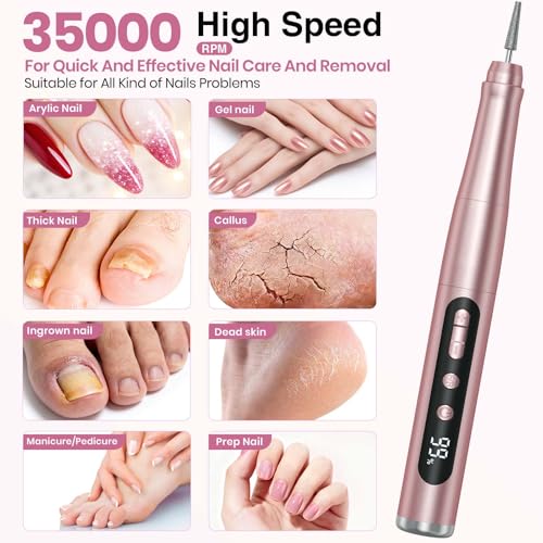 Hoxida Cordless Nail Drill 35000RPM - Rechargeable Electric Nail File, Rose Gold