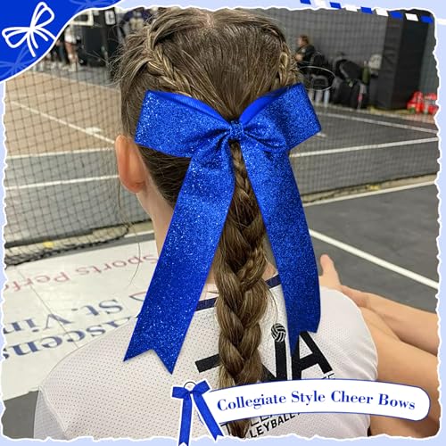 DEEKA Royal Blue Glitter Cheer Bows - 12 Pack Long Tail Ponytail Holders