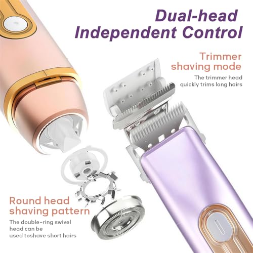 Bikini Trimmer for Women, Waterproof Electric Razors for Women with Dual Head Design,Painless Bikini Shaver & Womens Electric Razor for Face & Body, Cordless Rechargeable,Purple2