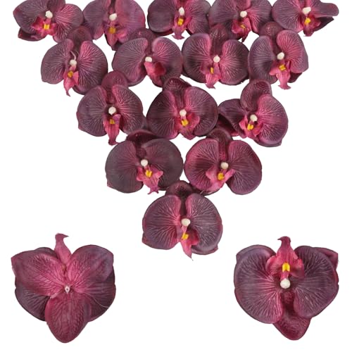 15 PCS Burgundy Artificial Orchid Flower Heads - Realistic Silk Faux Flowers for Home Decor and Weddings