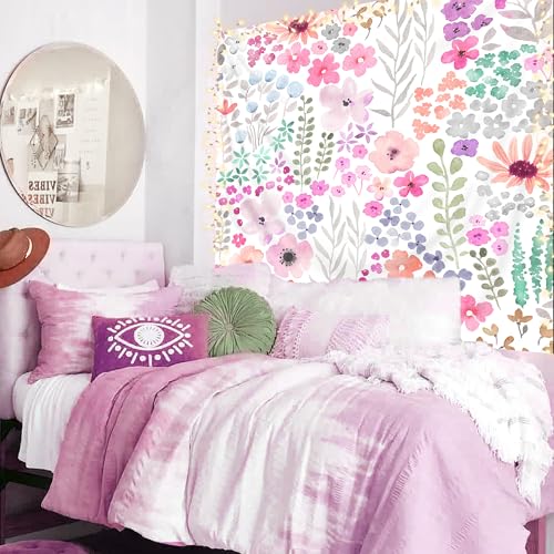 Purple Floral Tapestry - Watercolor Flowers Wall Hanging, 59x51 Inch