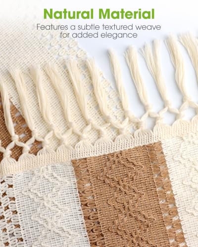 Boho Table Runner 12x60 Inch with Tassels - Brown Linen Decor