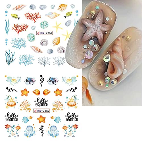 Ocean Summer Nail Art Stickers 12 Sheets for Women & Girls - Marine Water Design