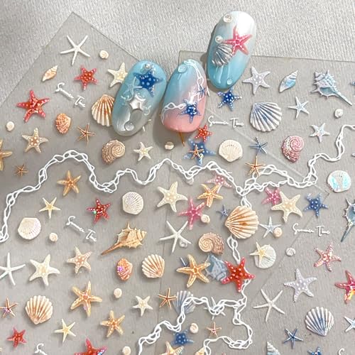 Quezadyl Starfish Nail Art Stickers 2 Sheets Summer Seashell 5D Embossed Shell Decals for Manicure and Nail Design