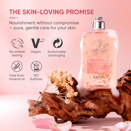 Easyes Rose Essence Body Wash for Women 1 Pack - Damask Rose Shower Gel with Real Petals, Hydrating with Hyaluronic Acid & Coconut Oil, 7 oz