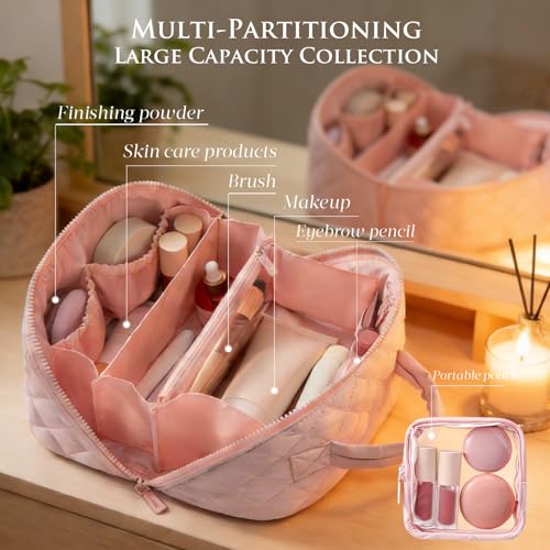 MINGRI Pink Quilted Makeup Bag Set - 2 Pcs Travel Toiletry Bags