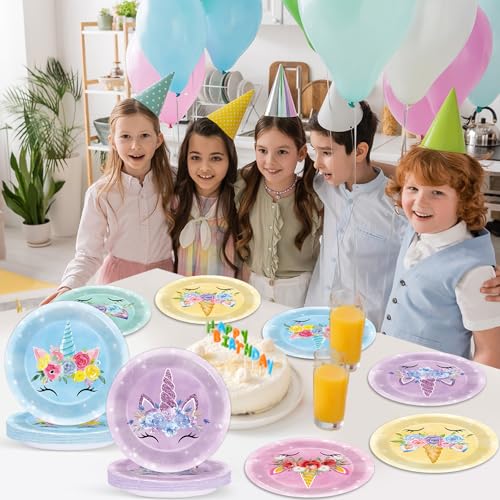 60PCS Unicorn Birthday Party Plates - Colorful 7-Inch Disposable Tableware