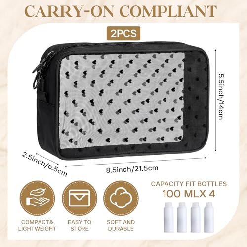 2 Pack Black Heart Mesh Makeup & Toiletry Bags - Large Travel Organizer
