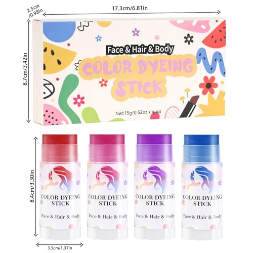 Temporary Hair Color Sticks - 4PCS Waterproof Chalks (Red, Blue, Green, Purple)