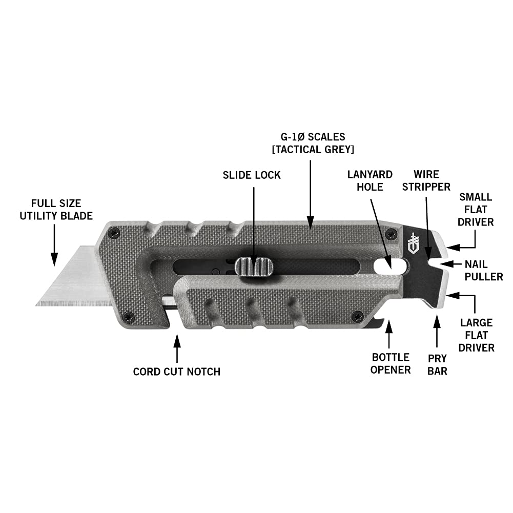 Gerber Gear Prybrid Multi Tool Utility Pocket Knife, Utility EDC Razor Knife with Retractable Box Cutter Blade and Pry Bar, Grey G10 no Clip
