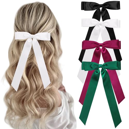 Feinigesi Satin Bow Hair Clips 4-Piece Set with Long Tails – Black White Teal Green Wine Red