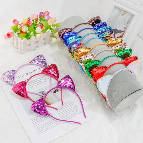 COCIDE 12Pcs Sequins Cat Ears Headbands Set for Girls