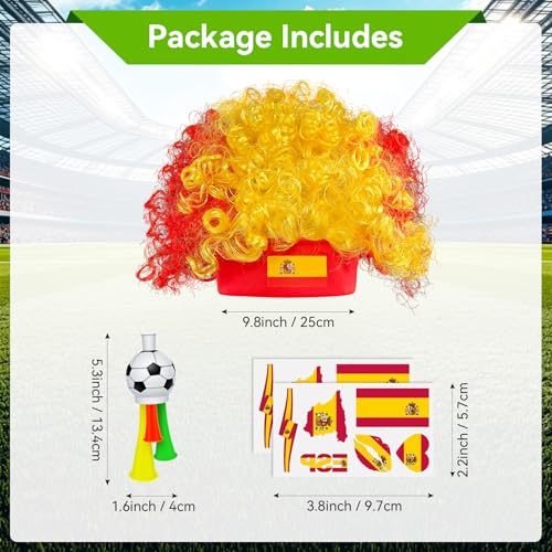 HWQVA Spain Soccer Fan Gear Set with Temporary Tattoos, Wig & Loud Horn – World Cup Celebration