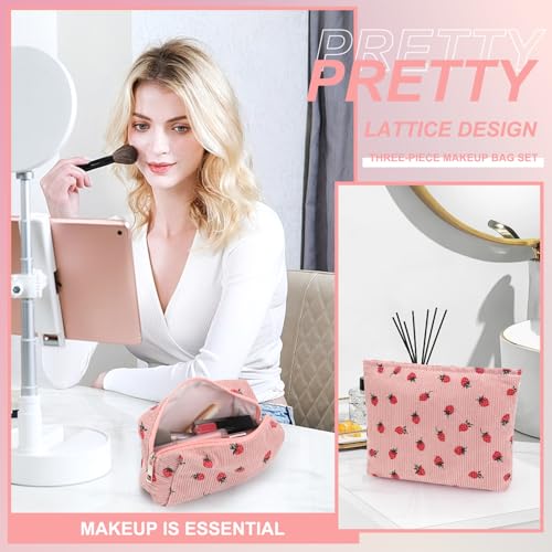 6-Piece Strawberry Makeup Bag Set - Cotton Travel Toiletry Organizer