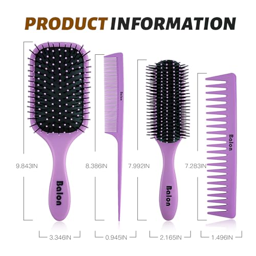 BALON 4-Piece Detangling Hair Brush Set - Purple Paddle Brush for All Hair Types