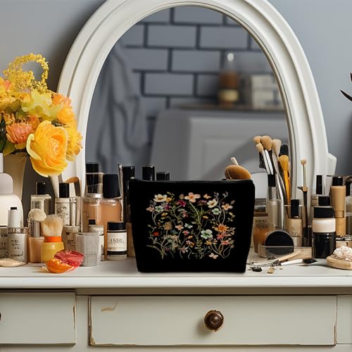 Supwhd Black Floral Small Makeup Bag - Waterproof Linen Cosmetic Pouch for Women & Girls