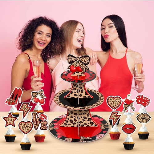 Cheetah Cherry Cupcake Stand Set with 24 Cake Toppers - 3 Tier Leopard Print Dessert Holder for Birthday & Party Decorations