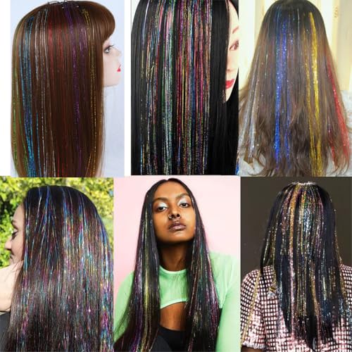 YUKAYULA 44 Inch Brown Glitter Hair Tinsel Extensions for Women & Kids - Sparkling Fairy Hair Accessories, 8 Pcs