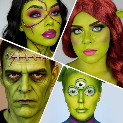 BOBISUKA Light Green & White Face & Body Paint Stick Kit with Black Eyeshadow, Eyeliner & Sponges - Halloween Cosplay Makeup Set