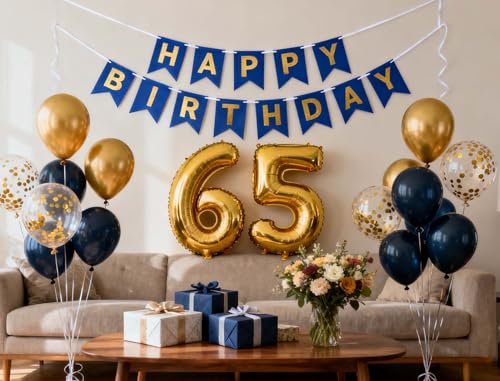Navy Blue and Gold 65th Birthday Party Decorations Set