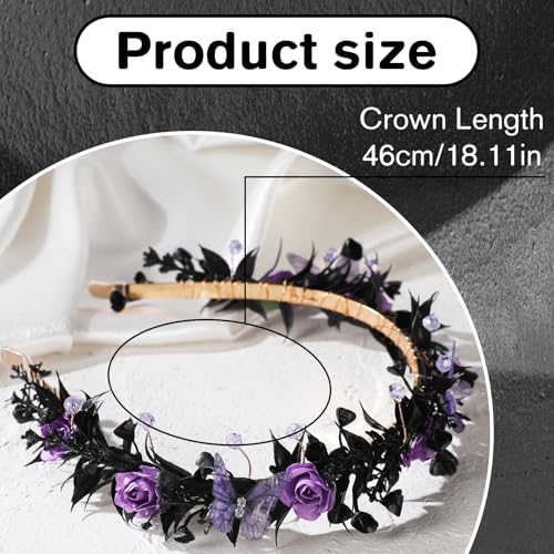 Black Fairy Flower Crown with Butterfly and Gothic Elf Design - KorViSHOW, Black Purple Variation