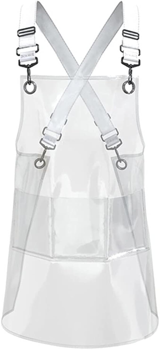 Farady Transparent Clear Apron for Hair Stylist Beauty Salon Waterproof Barber Work Apron with 3 Pockets Cross Back Adjustable Shoulder Strap 80cm/31.5'' Long