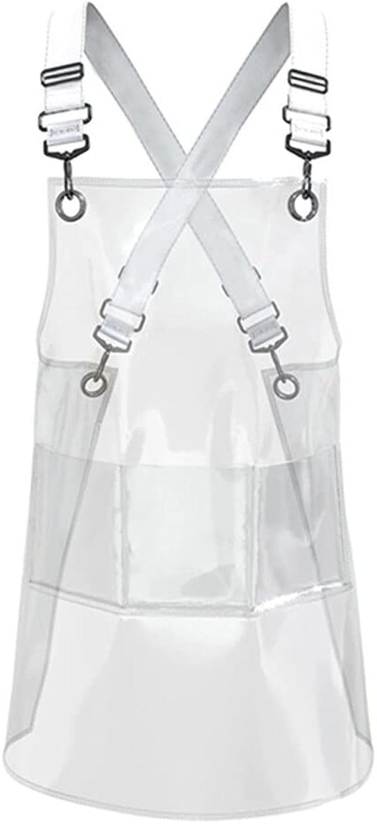 Farady Transparent Clear Apron for Hair Stylist Beauty Salon Waterproof Barber Work Apron with 3 Pockets Cross Back Adjustable Shoulder Strap 80cm/31.5'' Long
