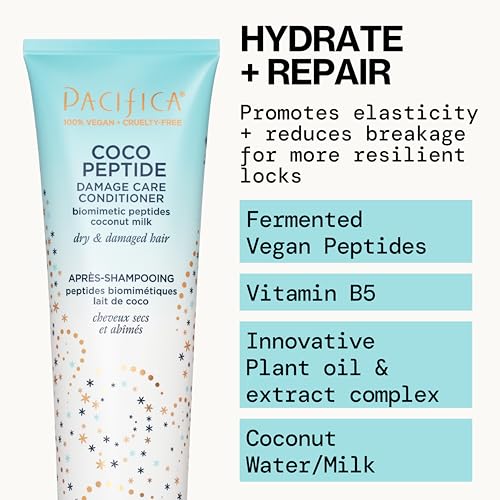 Pacifica Coco Peptide Damage Care Shampoo & Conditioner Set - 20 Fl Oz, Repair & Strengthen Damaged Hair, Vegan, Sulfate-Free
