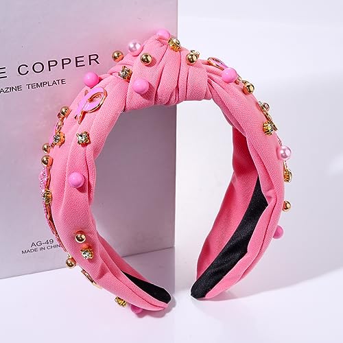 Beaded Hope Pink Ribbon Knotted Headband for Breast Cancer Awareness