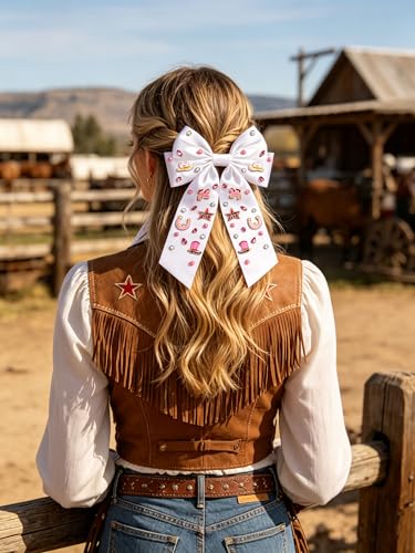 Mokkia Pattern C Western Cowgirl Hair Bows with Charms & Jewels - Pink Rodeo Accessories