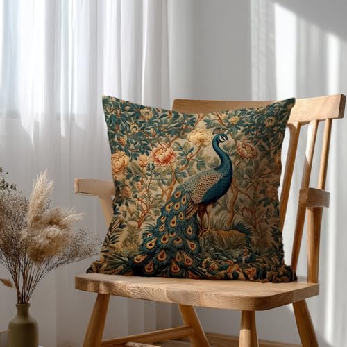 Vintage Peacock Floral Throw Pillow Cover - 18x18 Inch Flannel Cushion
