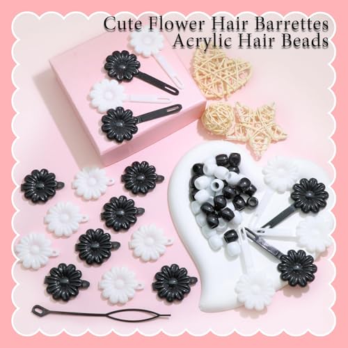 Venofen 60Pcs Black & White Braids Beads & Flower Barrettes for Hair - Dreadlock Accessories (Black & White)