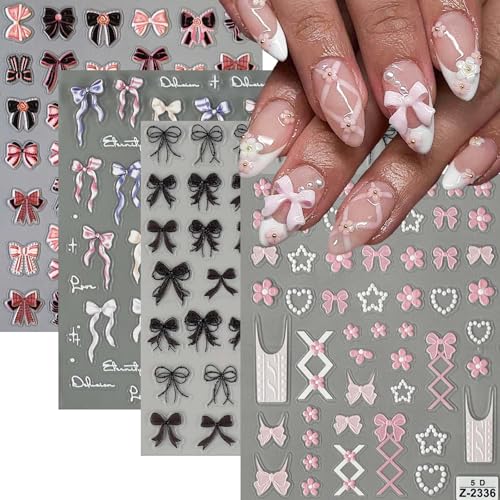 Christmas 07 - 4 Sheets Bow Nail Art Stickers 5D Floral & Heart Decals