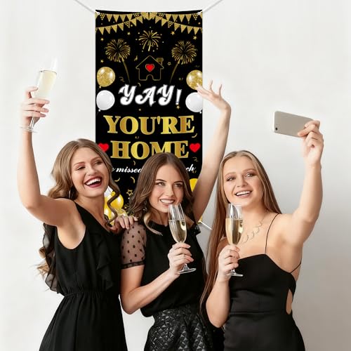 Welcome Home Banner - Black and Gold Party Decoration 70.8x35.4in