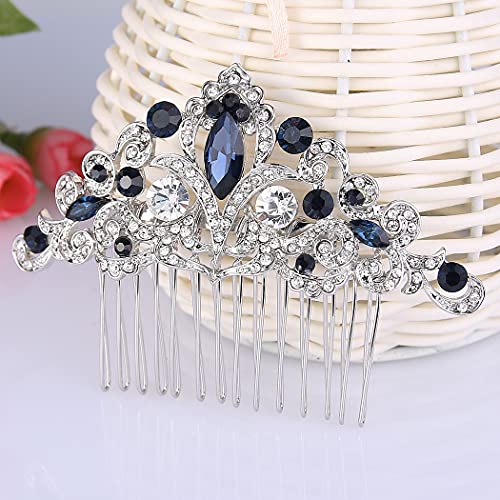 EVER FAITH Navy Blue Crystal Hair Comb, Art Deco Flower Vine Bridal Accessory