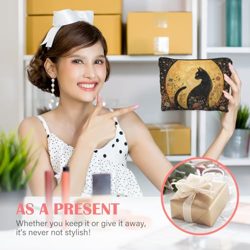 Witchy Cat Makeup Bag for Women - Black Linen Cosmetic Pouch for Travel