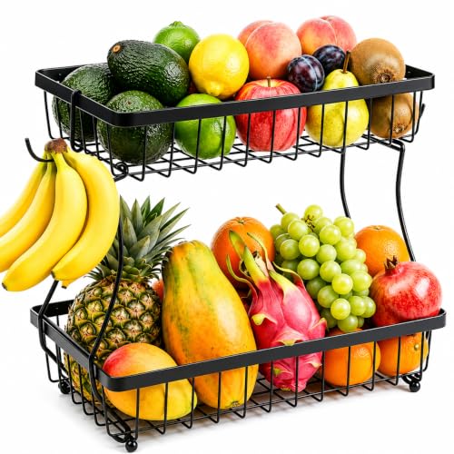2-Tier Metal Fruit Basket with Banana Hangers for Kitchen